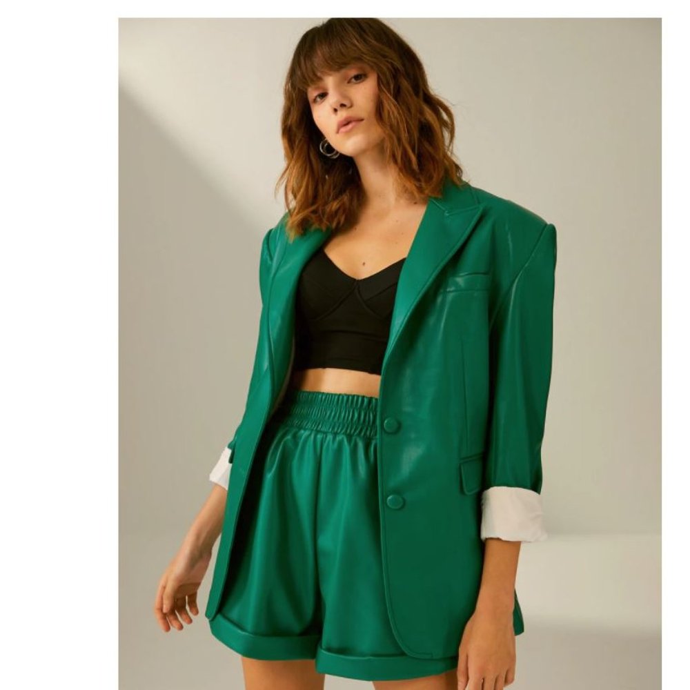 New Green Oversized faux leather Blazer
